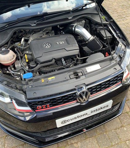 Supersized PRORAM intake fitted to the Volkswagen Polo 6C GTI seen here with the black silicone hose and silver alloy pipe.